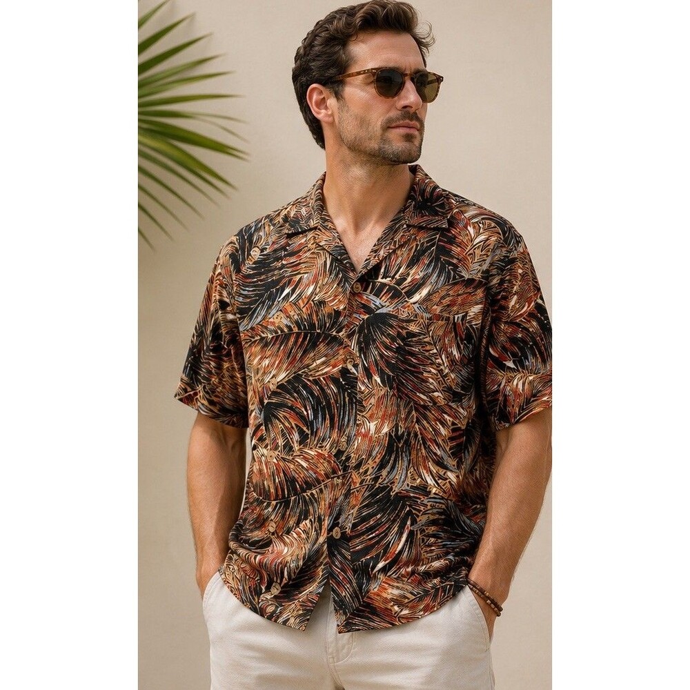 Caribbean Silk Blend Hawaiian Camp Shirt Men’s Medium Palm Leaf Button Front